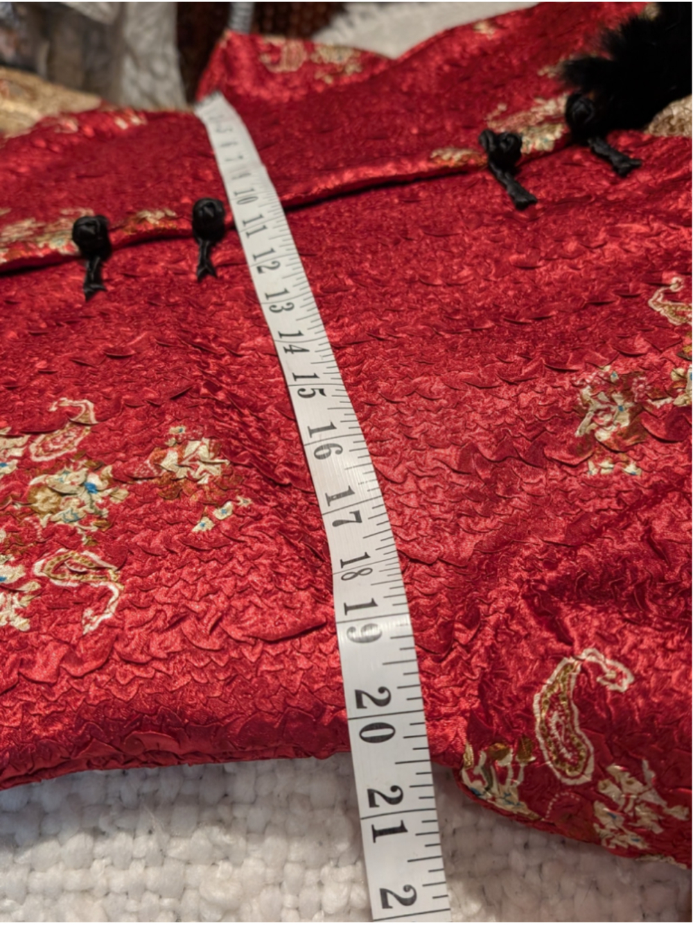 697 - Red Brocade Mandarin Collar Frog Closure Faux Fur Jacket XL - Picture 10 of 12